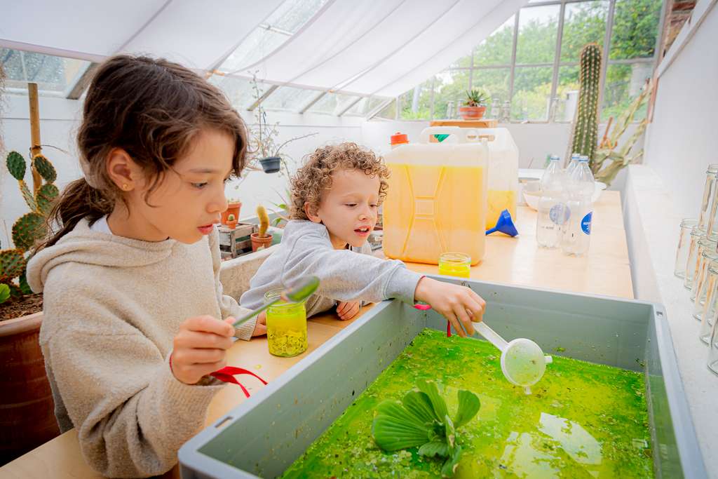 A young girl experiments with green plants from the exhibition «Life».